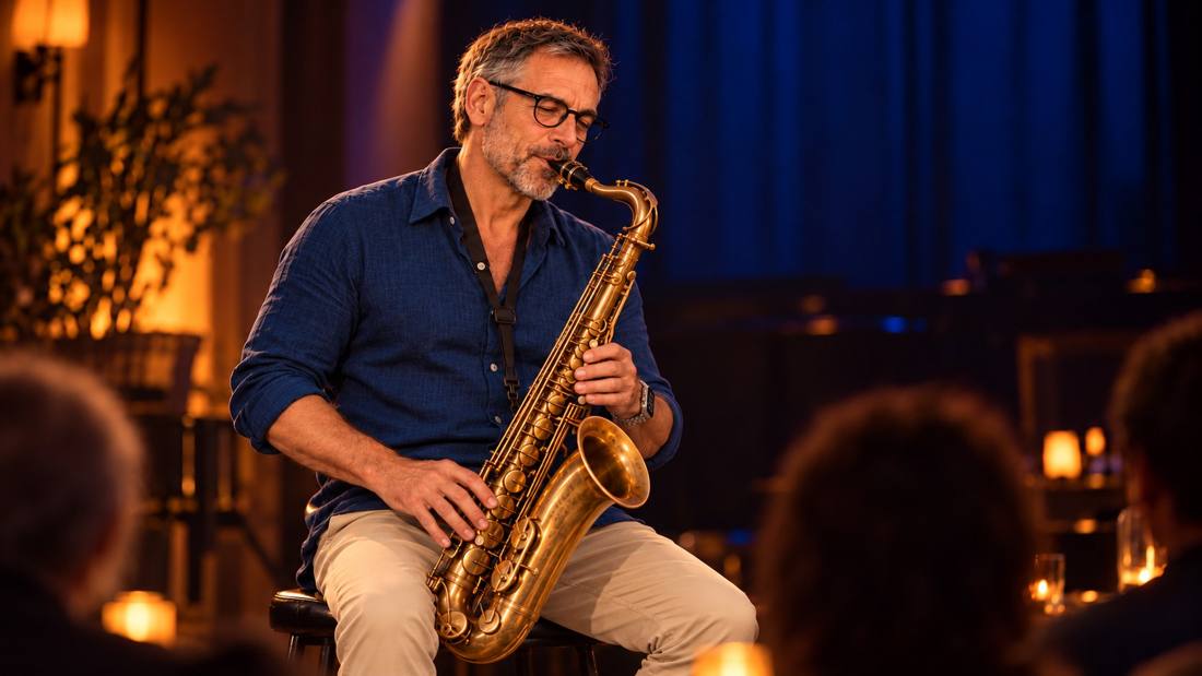 Lucan Velaro, the fictional silver-haired artist with glasses, playing tenor saxophone